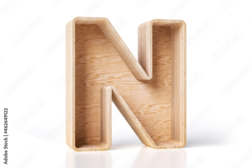 Nice pine wood empty box in the shape of letter N, ideal to display retail products or decorate an interior space. High quality 3D rendering.
