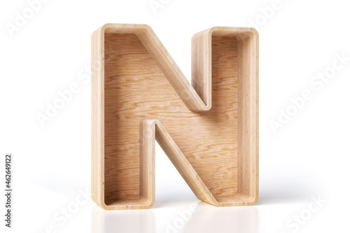 Fototapeta Naklejka Na Ścianę i Meble -  Nice pine wood empty box in the shape of letter N, ideal to display retail products or decorate an interior space. High quality 3D rendering.