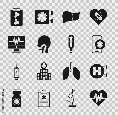 Set Heart rate, Hospital signboard, Emergency phone call, Human organ liver, Sore throat, Monitor with cardiogram, X-ray shots and Medical thermometer icon. Vector