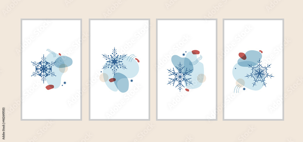 Set abstract winter illustration of shapes and snowflakes in blue with a red. Vertical decor for cards, posters, invitations, banners, social networks for Christmas and New Year. Vector isolated