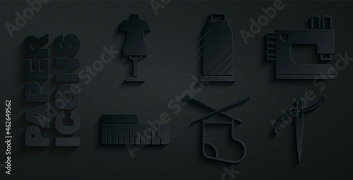 Set Knitting needles, Sewing machine, Tape measure, Needle with thread, on spool and Mannequin icon. Vector