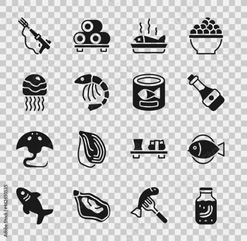 Set Sea cucumber in jar, Fish, Soy sauce bottle, Served fish on plate, Shrimp, Jellyfish, Fishing harpoon and Canned icon. Vector