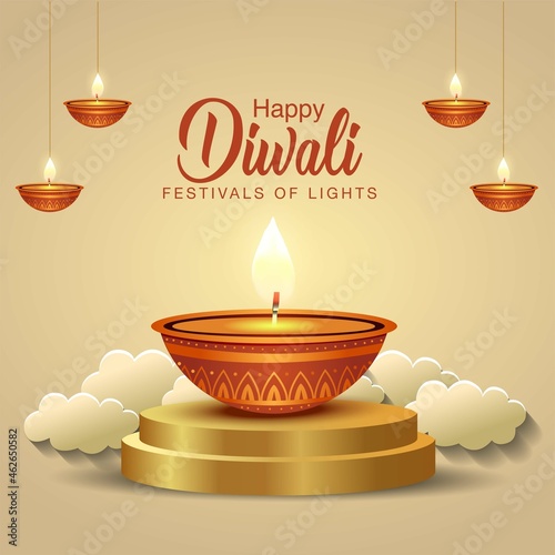 happy Diwali greetings. golden lamp hanging and golden platform background .vector illustration design