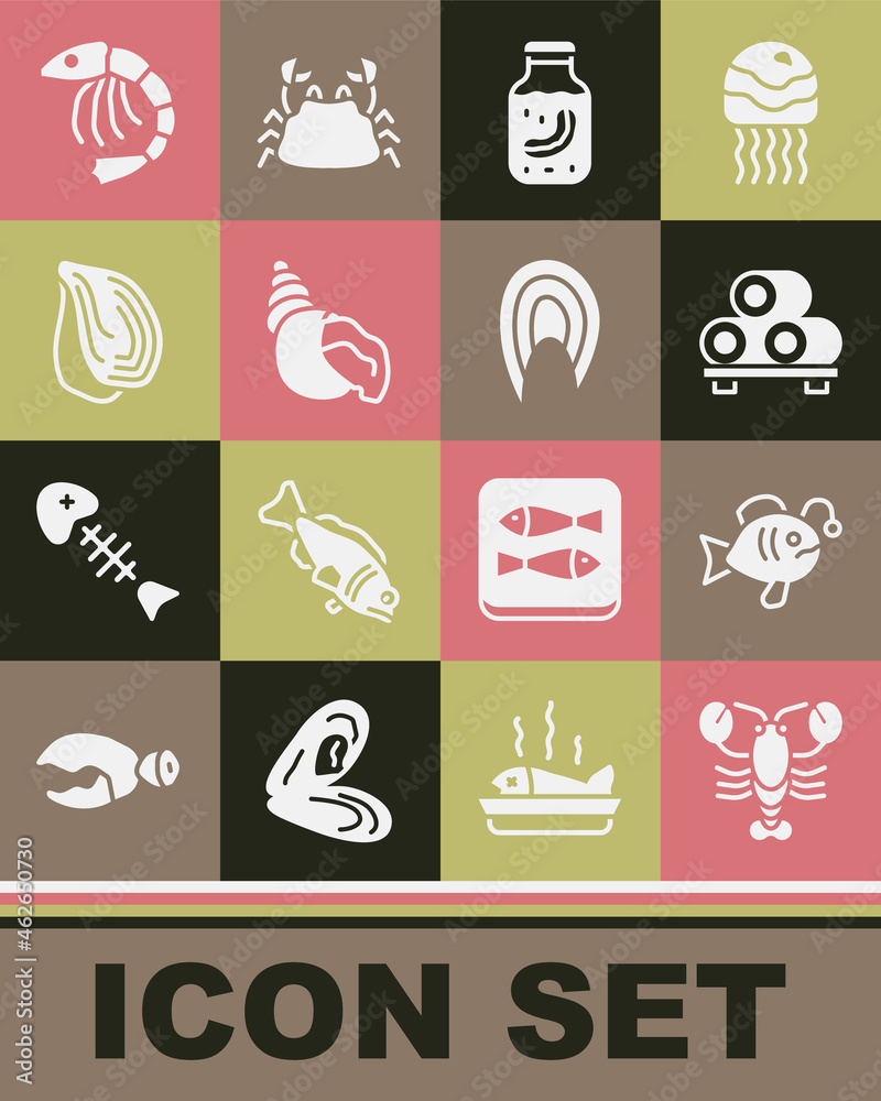 Set Lobster, Tropical fish, Sushi on cutting board, Sea cucumber jar, Scallop sea shell, Mussel, Shrimp and Fish steak icon. Vector