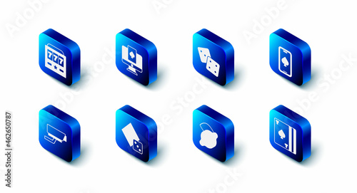 Set Online poker table game, Game dice, Deck of playing cards, Casino slot machine with lemon, Security camera and Slot jackpot icon. Vector