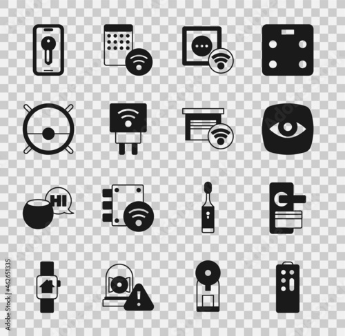 Set Remote control, Digital door lock, Security camera, Smart electrical outlet, plug, Robot vacuum cleaner, key and garage icon. Vector