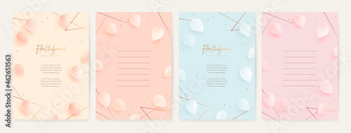Set of greeting card design template. Vector illustration of realistic tulip petals and golden elements. Floral background for poster, cover, booklets, wedding invitation