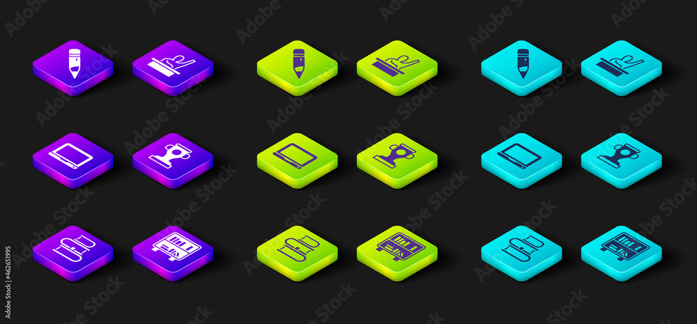 Set Book, Shelf with books, Laptop, Award cup, Male kid raising hand and Pencil eraser icon. Vector Set Book, Shelf with books, Laptop, Award cup, Male kid raising hand and Pencil eraser icon. Vector