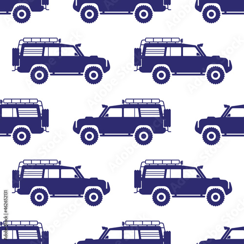 Blue SUVs isolated on white background. Cute monochrome car off-road seamless pattern. Vector simple flat graphic illustration. Texture.