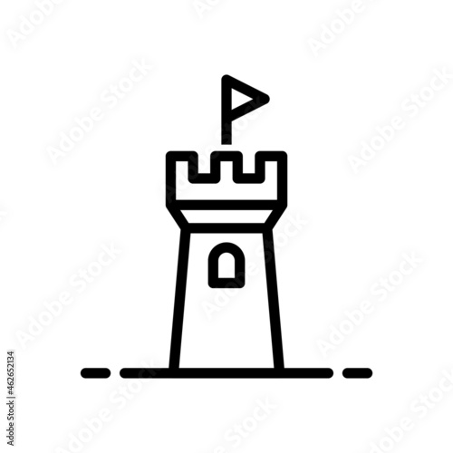 Castle tower icon. Black contour linear silhouette. Front view. Vector simple flat graphic illustration. The isolated object on a white background. Isolate.