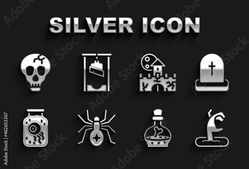 Set Spider, Tombstone with RIP written, Zombie hand, Bottle potion, Eye in jar, Castle, fortress, Skull and Guillotine icon. Vector