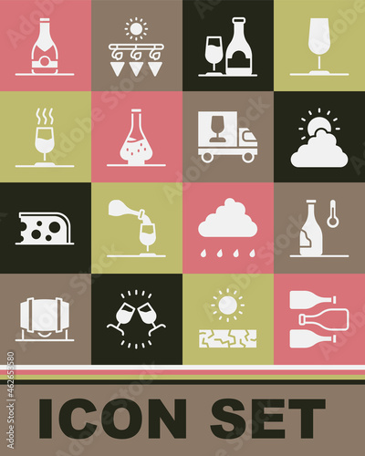 Set Bottles of wine, Wine temperature, Sun and cloud weather, bottle with glass, Decanter for, tasting, degustation, Champagne and truck icon. Vector