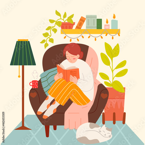 Girl sit in Comfort Armchair and Read Book. Woman and cat relax or study in Scandinavian Hygge style room interior. Cozy home decor with cup tea or coffee, plant in pot, lamp. Vector flat illustration