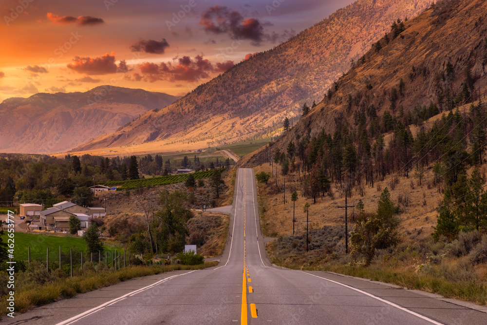 Scenic Road, Hwy 3, in the valley around the Canadian Mountain Landscape. Colorful Sunset Sky Art Render. Near Osoyoos, British Columbia, Canada. - obrazy, fototapety, plakaty 