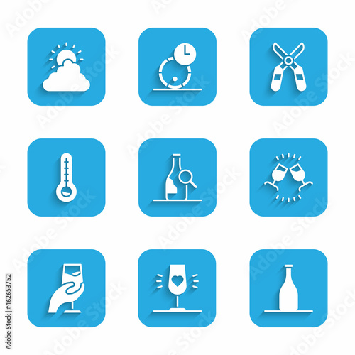 Set Bottle of wine, Wine glass, tasting, degustation, Meteorology thermometer, Gardening scissors and Sun and cloud weather icon. Vector