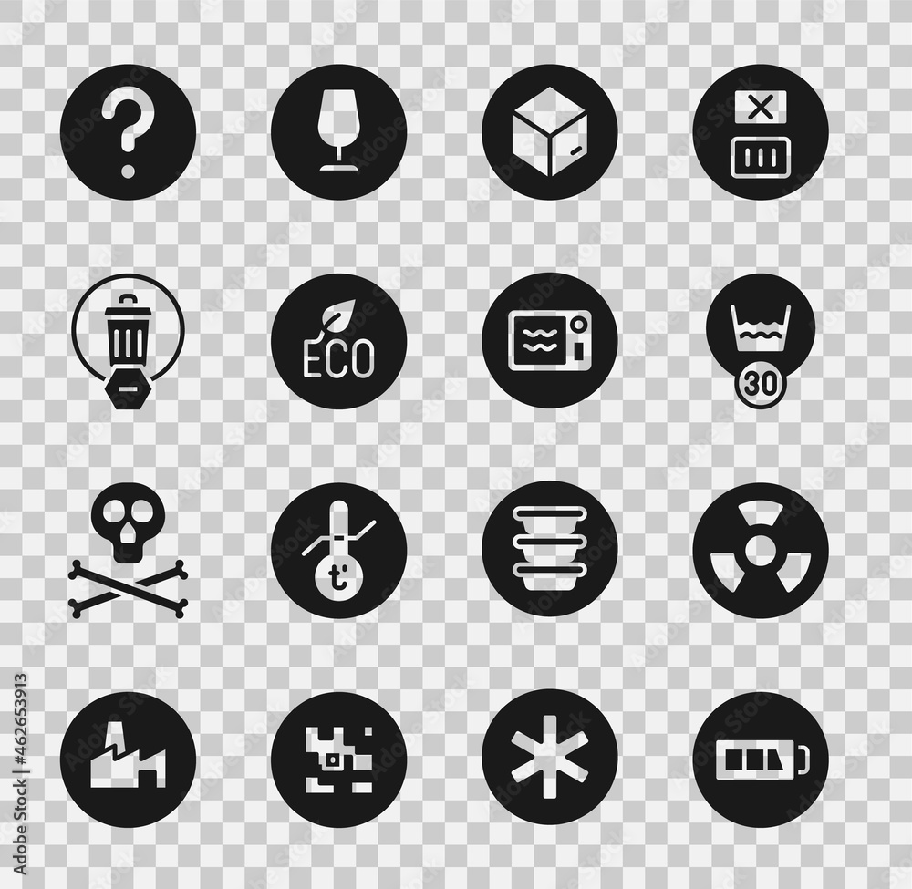 Set Battery, Radioactive, Temperature wash, Carton cardboard box, Leaf Eco symbol, Trash can, Unknown search and Microwave oven icon. Vector Set Battery, Radioactive, Temperature wash, Carton cardboard box, Leaf Eco symbol, Trash can, Unknown search and Microwave oven icon. Vector