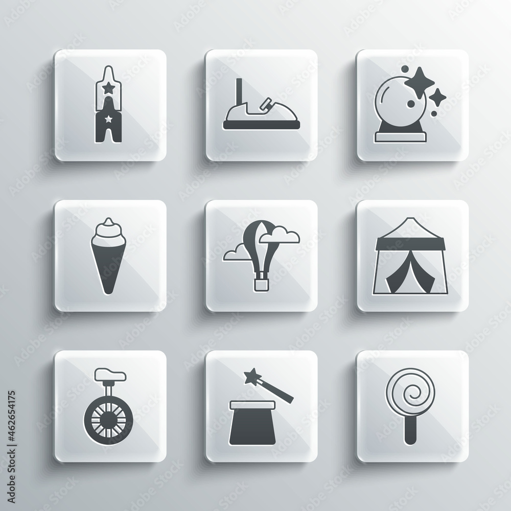 Set Magic hat and wand, Lollipop, Circus tent, Hot air balloon, Unicycle or one wheel bicycle, Ice cream in waffle cone, ticket and icon. Vector Set Magic hat and wand, Lollipop, Circus tent, Hot air balloon, Unicycle or one wheel bicycle, Ice cream in waffle cone, ticket and icon. Vector