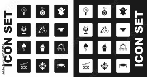 Set Ghost, Vintage bicycle, Attraction carousel, Lollipop, Jester hat with bells, Unicycle or one wheel, Roller coaster and Ice cream waffle cone icon. Vector