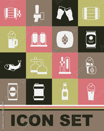 Set Glass of beer, Beer can, brewing process, Wooden mug, barrel and Hop icon. Vector