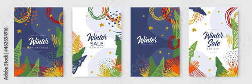 Collection of abstract card background designs, winter sale, social media promotional content with organic and hand drawn style. Vector illustration