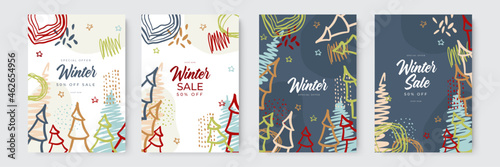 Hand drawn vector abstract fun winter sale Merry Christmas illustrations greeting cards template and backgrounds big collection set with gift boxes, people and Xmas tree isolated on white background