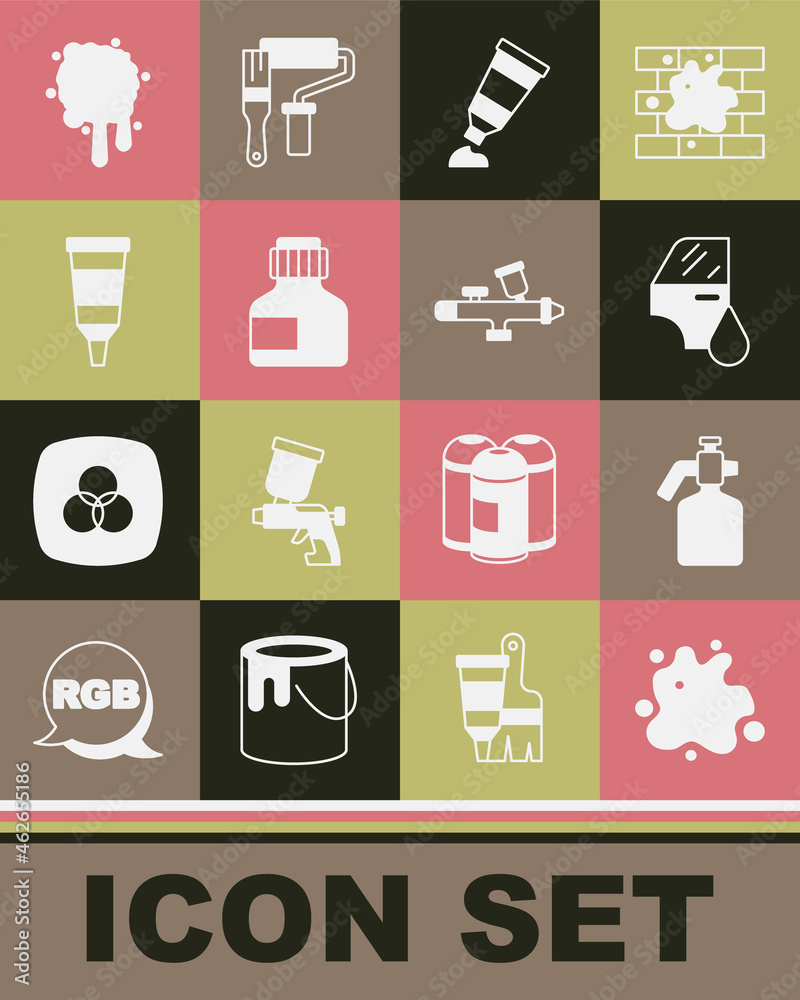 Set Paint spray, gun, Car painting, Tube with palette, Paint, gouache, jar, dye, and icon. Vector Set Paint spray, gun, Car painting, Tube with palette, Paint, gouache, jar, dye, and icon. Vector