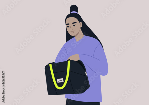 Young female Asian character looking for keys or wallet in their bag, a daily routine scene