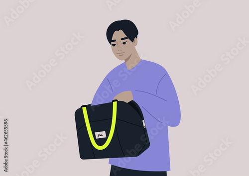 Young male Asian character looking for keys or money in their bag, a daily routine scene