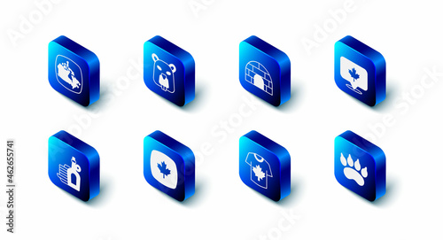 Set Beaver animal, Igloo ice house, Canadian maple leaf, Bear paw footprint, Hockey jersey, Syrup with pancakes and Canada icon. Vector