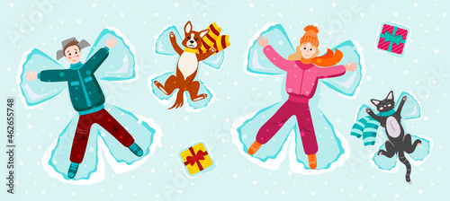 People are lying in the snow with a dog and a cat. Making angels with snow. Snow angel concept. Vector greeting card template with happy people and funny pets.