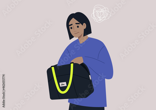 Young  anxious female character looking for keys or money in their bag, a daily routine scene