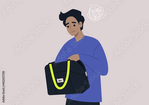 Young anxious male character looking for keys or money in their bag, a daily routine scene