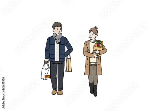 冬　買い物に出かける若い夫婦　カップル　ショッピング　デート　買い出し　全身　イラスト素材