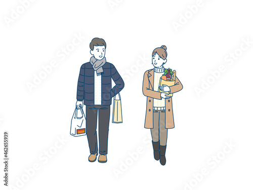 冬　買い物に出かける若い夫婦　カップル　ショッピング　買い出し　全身　イラスト素材