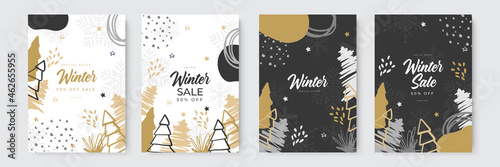 Collection of abstract card background designs, winter sale, social media promotional content with organic and hand drawn style. Vector illustration