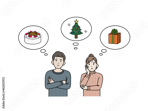 クリスマスの予定を考える若い夫婦　カップル　プレゼント　ケーキ　イラスト素材