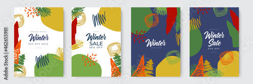 Collection of abstract card background designs, winter sale, social media promotional content with organic and hand drawn style. Vector illustration