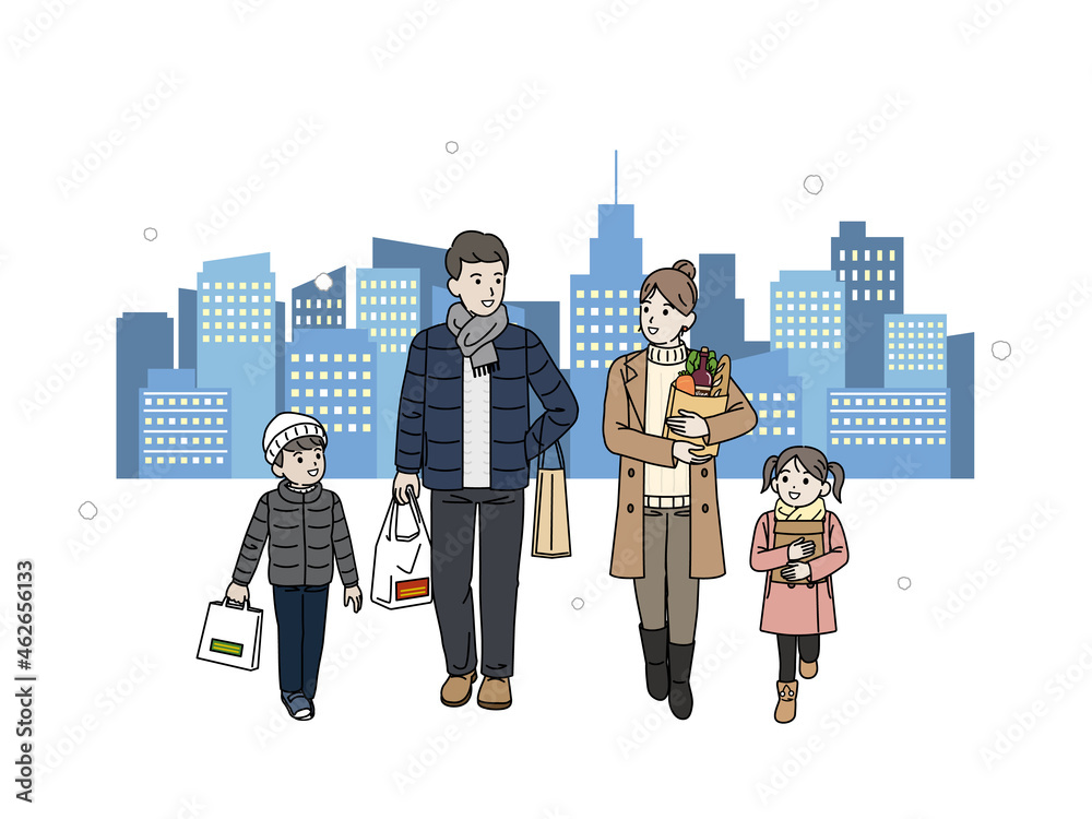 冬 買い物に出かける家族 クリスマス ショッピング 買い出し 全身 イラスト素材 Stock Vector Adobe Stock