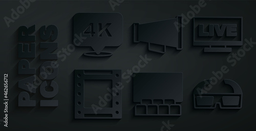 Set Cinema auditorium with screen, Live stream, Play video, 3D cinema glasses, Megaphone and 4k Ultra HD icon. Vector