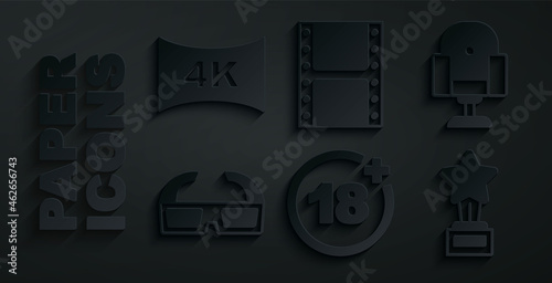 Set Plus 18 movie, Director chair, 3D cinema glasses, Movie trophy, Play video and Screen tv with 4k icon. Vector