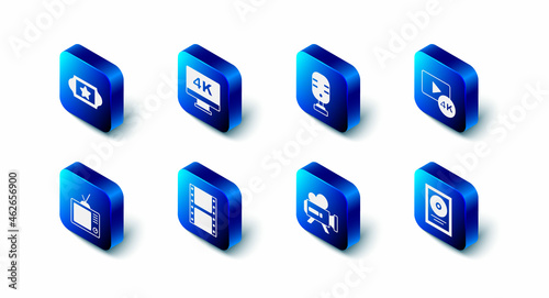 Set Screen tv with 4k, Microphone, CD disk award in frame, Retro cinema camera, Play video, and Cinema ticket icon. Vector
