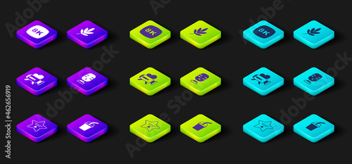 Set Walk of fame star, Paper glass with water, Retro cinema camera, Microphone, Movie trophy and 8k Ultra HD icon. Vector