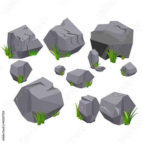 Vector rock stone and grass set variety shape for cartoon. Stones and rocks in isometric 3d flat style. Set of different boulders. Cartoon or Video Game props photo