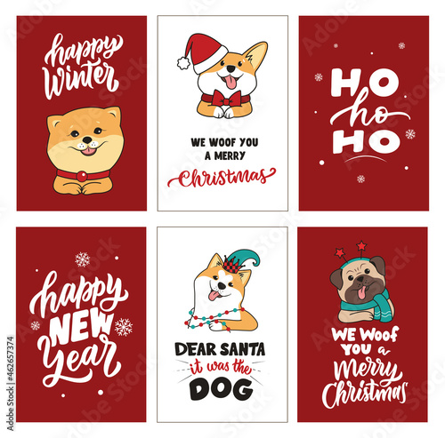 The set of cards with dogs and quotes about Happy New Year, Merry Christmas