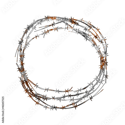 Realistic hank of old metal barbed wire with red rust on white