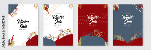 Set of abstract winter backgrounds. Colorful winter banners with falling snowflakes, snowy trees. Wintry scenes. Use for event invitation, discount voucher, ad.