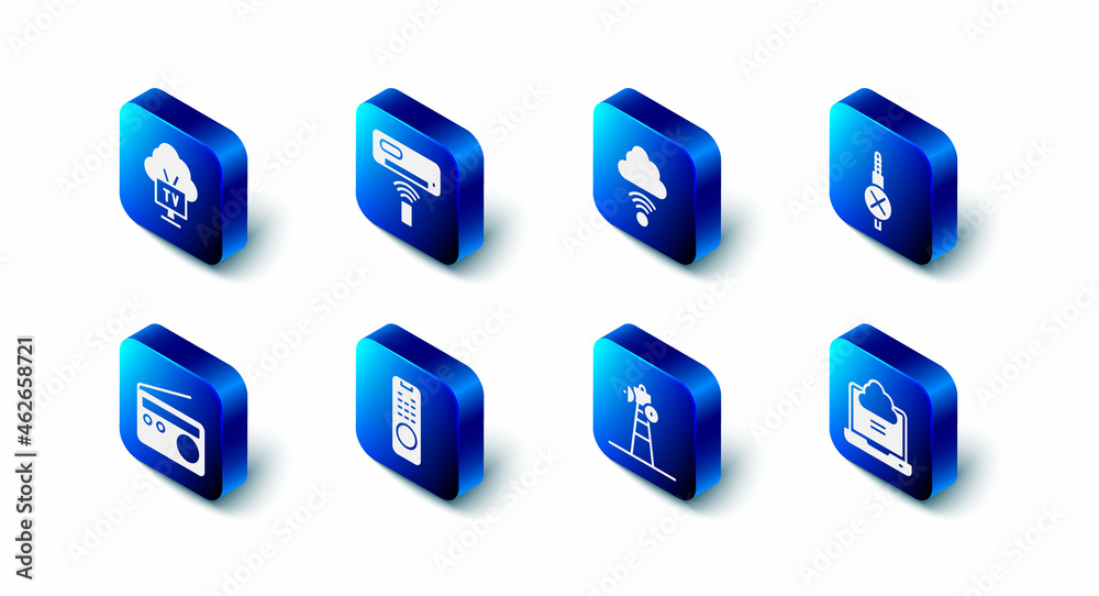 Set Air conditioner, Network cloud connection, No audio jack, Satellite dish, Remote control, Radio and Smart Tv icon. Vector Set Air conditioner, Network cloud connection, No audio jack, Satellite dish, Remote control, Radio and Smart Tv icon. Vector