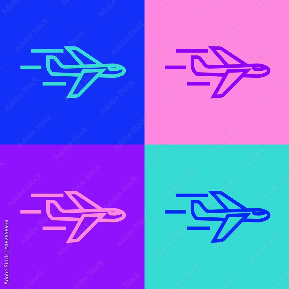 Pop art line Plane icon isolated on color background. Flying airplane icon. Airliner sign. Vector