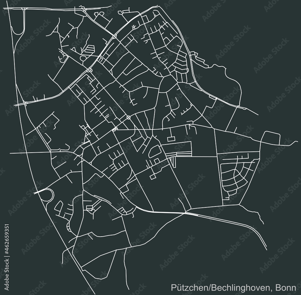 Detailed negative navigation urban street roads map on dark gray background of the quarter Pützchen/Bechlinghoven sub-district of the German capital city of Bonn, Germany