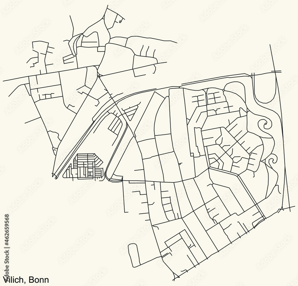Obraz premium Detailed navigation urban street roads map on vintage beige background of the quarter Vilich sub-district of the German capital city of Bonn, Germany